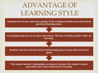 
The student-teacher relationship can improve because the student is more
successful and is more interested in learning.
Students who have become bored with learning may become interested once
again.
As learning improves, so too does self esteem. This has a further positive effect on
learning.
Students learn better and more quickly if the teaching methods used match their
preferred learning styles.
ADVANTAGE OF
LEARNING STYLE
 