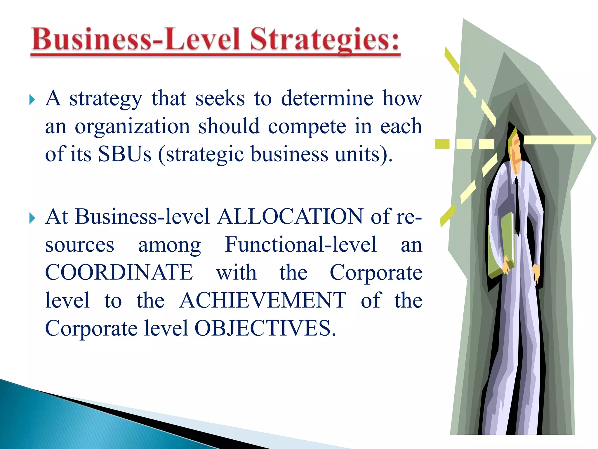  A strategy that seeks to determine how
an organization should compete in each
of its SBUs (strategic business units).
 At Business-level ALLOCATION of re-
sources among Functional-level an
COORDINATE with the Corporate
level to the ACHIEVEMENT of the
Corporate level OBJECTIVES.
 