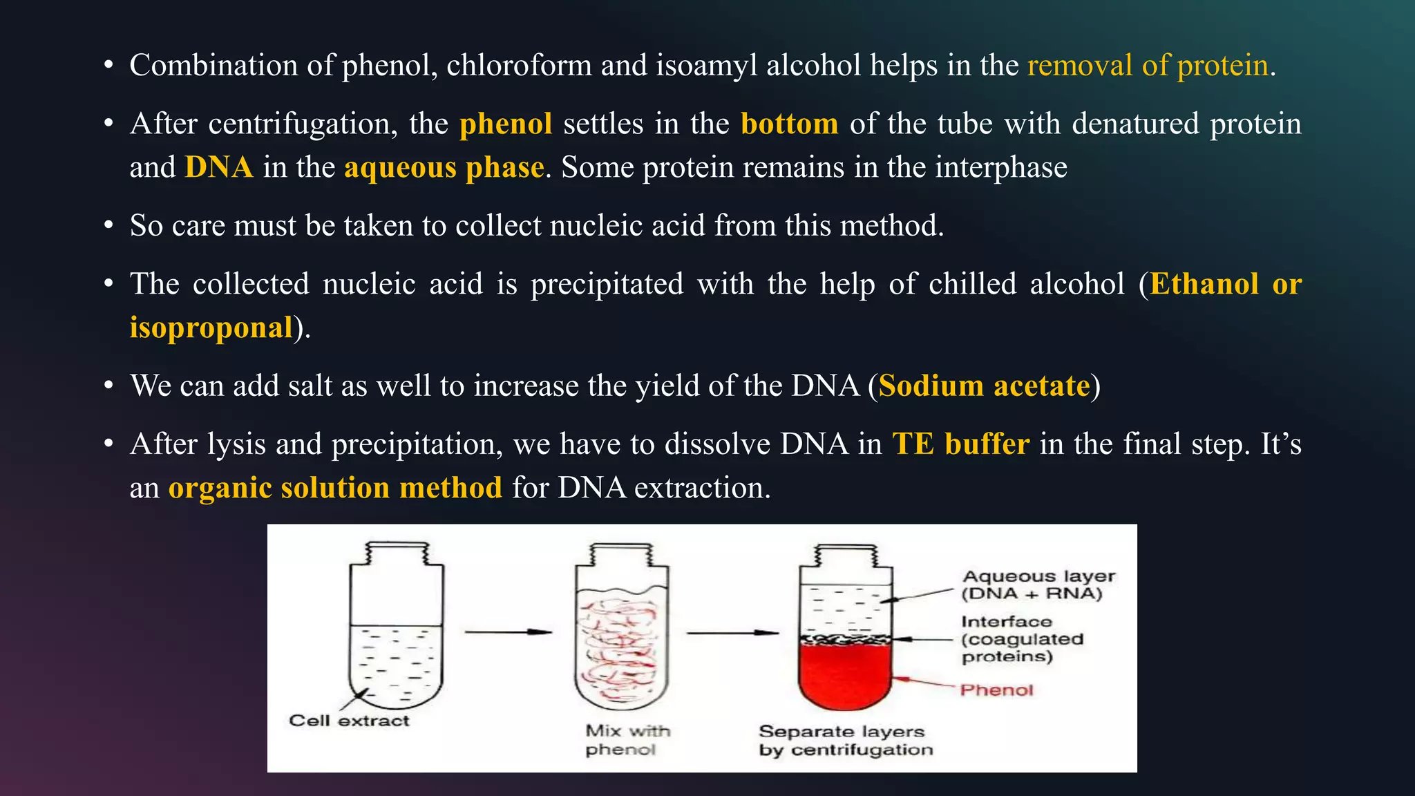 • Combination of phenol, chloroform and isoamyl alcohol helps in the removal of protein.
• After centrifugation, the phenol settles in the bottom of the tube with denatured protein
and DNA in the aqueous phase. Some protein remains in the interphase
• So care must be taken to collect nucleic acid from this method.
• The collected nucleic acid is precipitated with the help of chilled alcohol (Ethanol or
isoproponal).
• We can add salt as well to increase the yield of the DNA (Sodium acetate)
• After lysis and precipitation, we have to dissolve DNA in TE buffer in the final step. It’s
an organic solution method for DNA extraction.
 