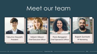 20 Presentation title
Meet our team
Takuma Hayashi
President
Mirjam Nilsson
Chief Executive Officer
Flora Berggren
Chief Operations Officer
Rajesh Santoshi
VP Marketing
20XX
 