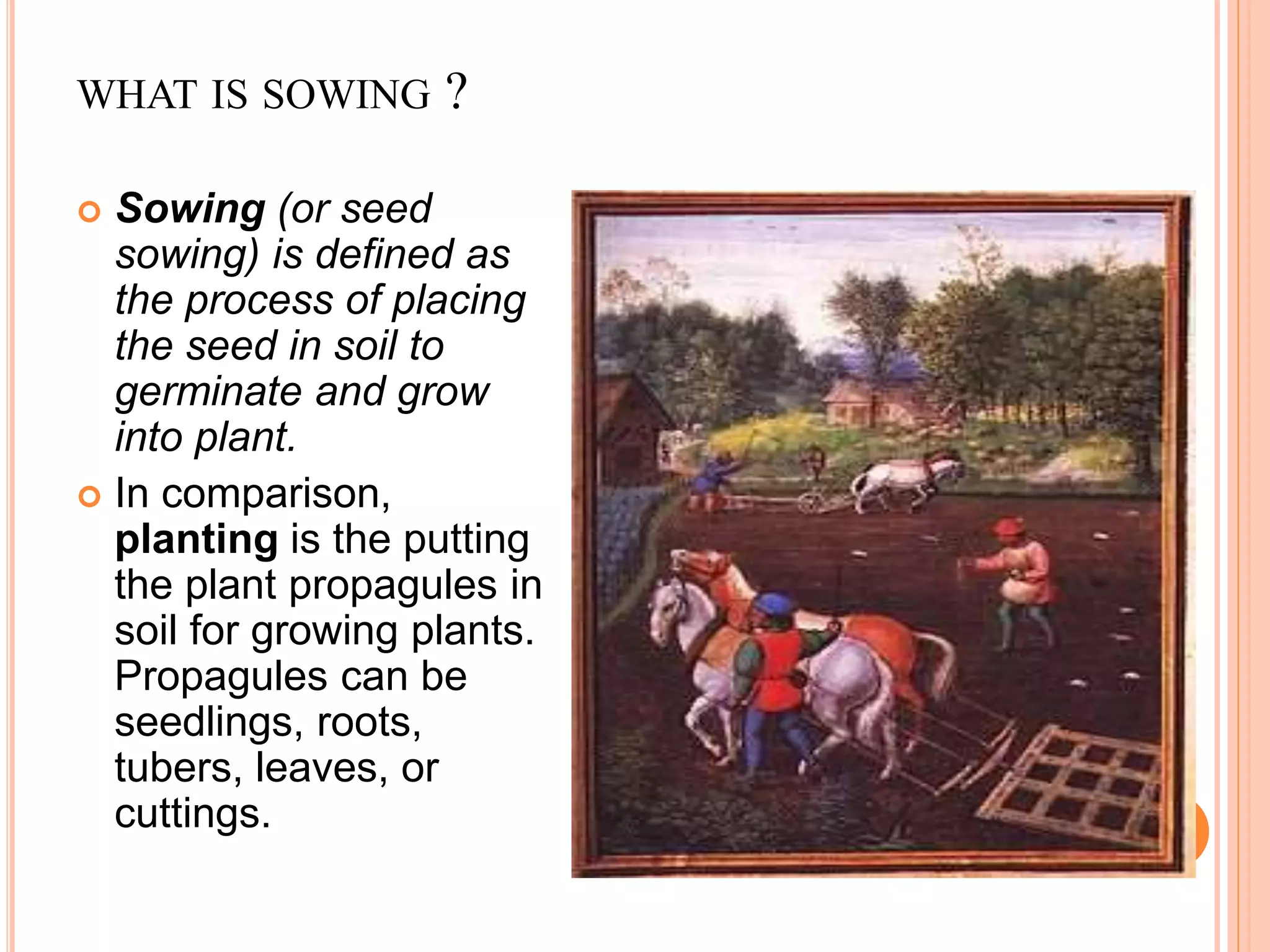 WHAT IS SOWING ?
 Sowing (or seed
sowing) is defined as
the process of placing
the seed in soil to
germinate and grow
into plant.
 In comparison,
planting is the putting
the plant propagules in
soil for growing plants.
Propagules can be
seedlings, roots,
tubers, leaves, or
cuttings.
 