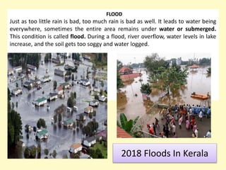 FFLOOD
Just as too little rain is bad, too much rain is bad as well. It leads to water being
everywhere, sometimes the entire area remains under water or submerged.
This condition is called flood. During a flood, river overflow, water levels in lake
increase, and the soil gets too soggy and water logged.
2018 Floods In Kerala
 