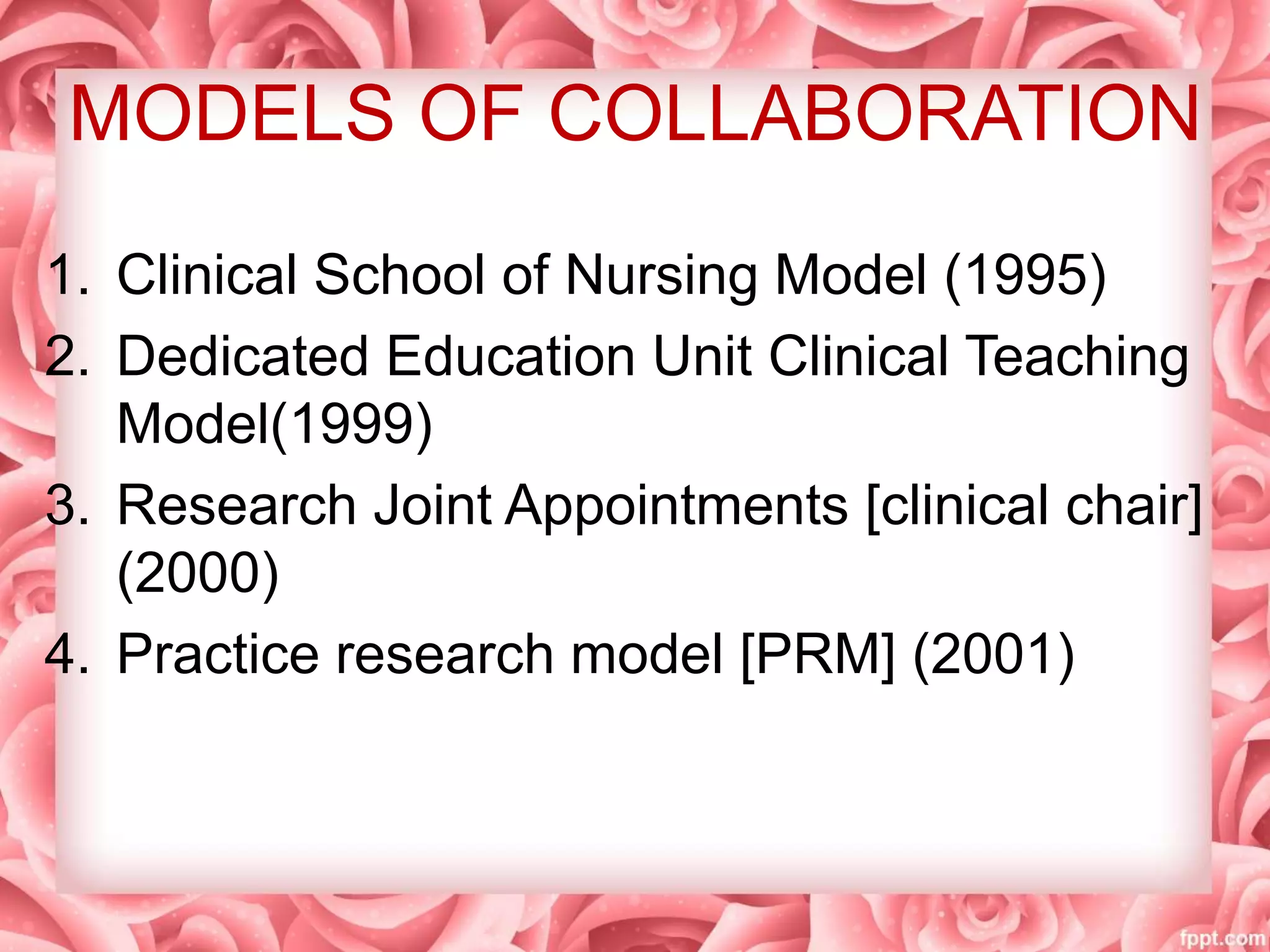 Different models of collaboration between nursing service and | PPTX