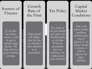 Sources of
Finance
If the firm
has finance
sources, it will
be easy to
mobilise large
finance. The
firm shall not
go for retained
earnings.
Growth
Rate of
the Firm
High growth
rate implies
that the firm
can distribute
more dividend
to its
shareholders.
Tax Policy
Tax policy of
the government
also affects the
dividend policy
of the firm.
When the
government
gives tax
incentives, the
company pays
more dividend.
Capital
Market
Conditions
Due to the
capital market
conditions,
dividend policy
may be
affected. If the
capital market
is prefect, it
leads to
improve the
higher
dividend.
 