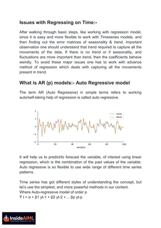Issues with Regressing on Time:-
After walking through basic steps, like working with regression model,
since it is easy and more flexible to work with Timeseries models, and
then finding out the error matrices of seasonality & trend, important
observation one should understand that trend required to capture all the
movements of the data, If there is no trend or if seasonality, and
fluctuations are more important than trend, then the coefficients behave
weirdly. To avoid these major issues one has to work with advance
method of regression which deals with capturing all the movements
present in trend.
What is AR (p) models:- Auto Regressive model
The term AR (Auto Regressive) in simple terms refers to working
auto/self-taking help of regression is called auto regressive.
It will help us to predict/to forecast the variable, of interest using linear
regression, which is the combination of the past values of the variable.
Auto regressive is so flexible to use wide range of different time series
patterns.
Time series has got different styles of understanding the concept, but
let’s use the simplest, and more powerful methods in our content.
Where Auto-regressive model of order p
Ŷ t = α + β1 yt-1 + β2 yt-2 +… βp yt-p
 
