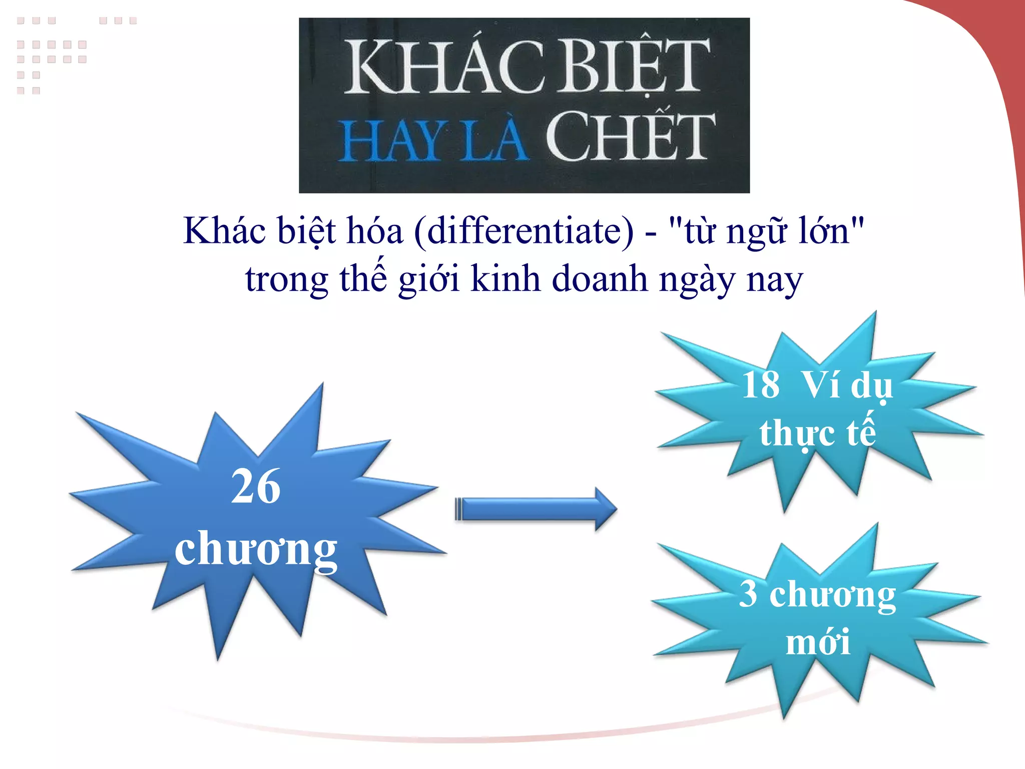 Khác biệt hóa (differentiate) - "từ ngữ lớn"
trong thế giới kinh doanh ngày nay
26
chương
18 Ví dụ
thực tế
3 chương
mới
 