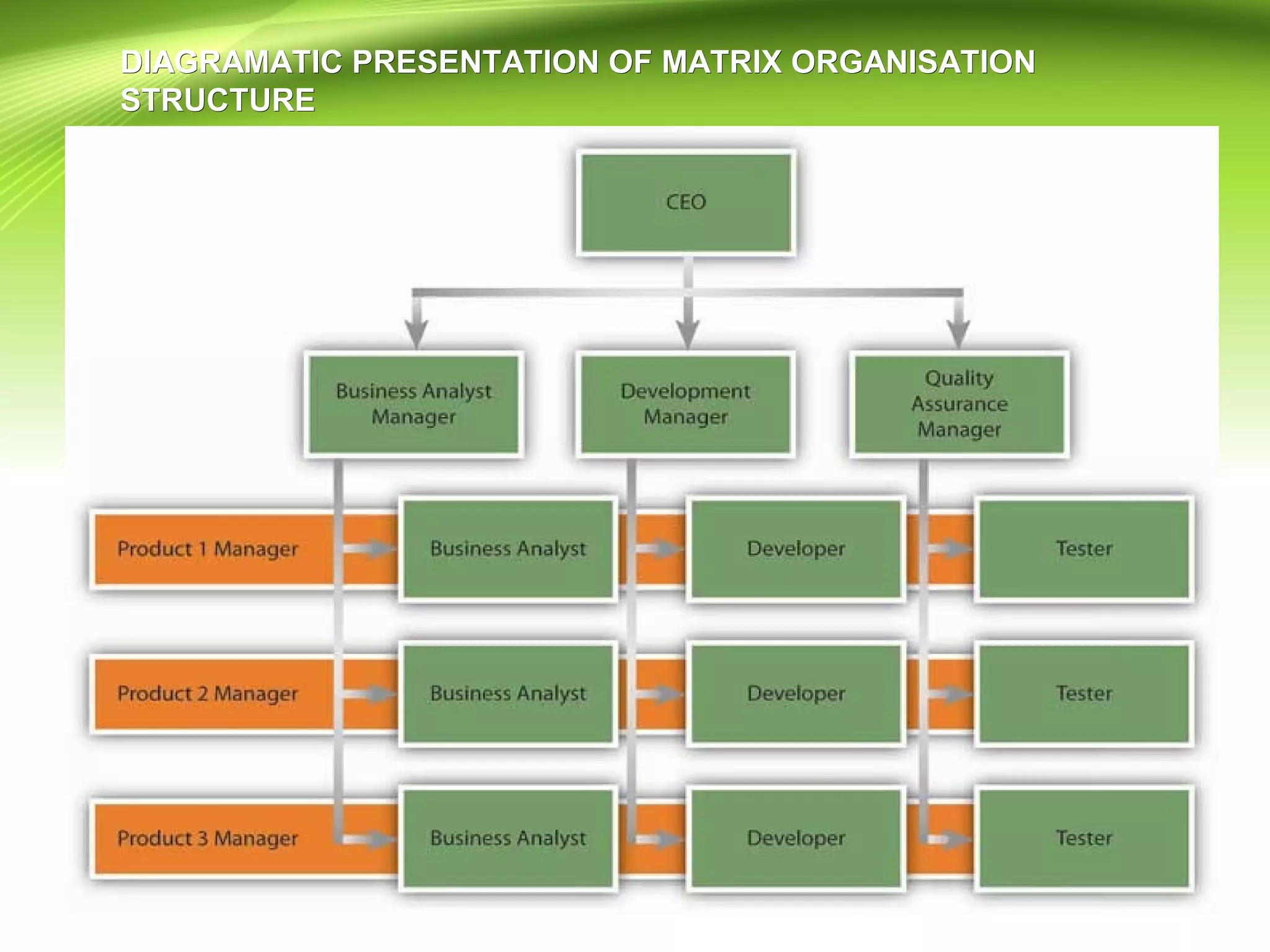 DIAGRAMATIC PRESENTATION OF MATRIX ORGANISATIONDIAGRAMATIC PRESENTATION OF MATRIX ORGANISATION
STRUCTURESTRUCTURE
 
