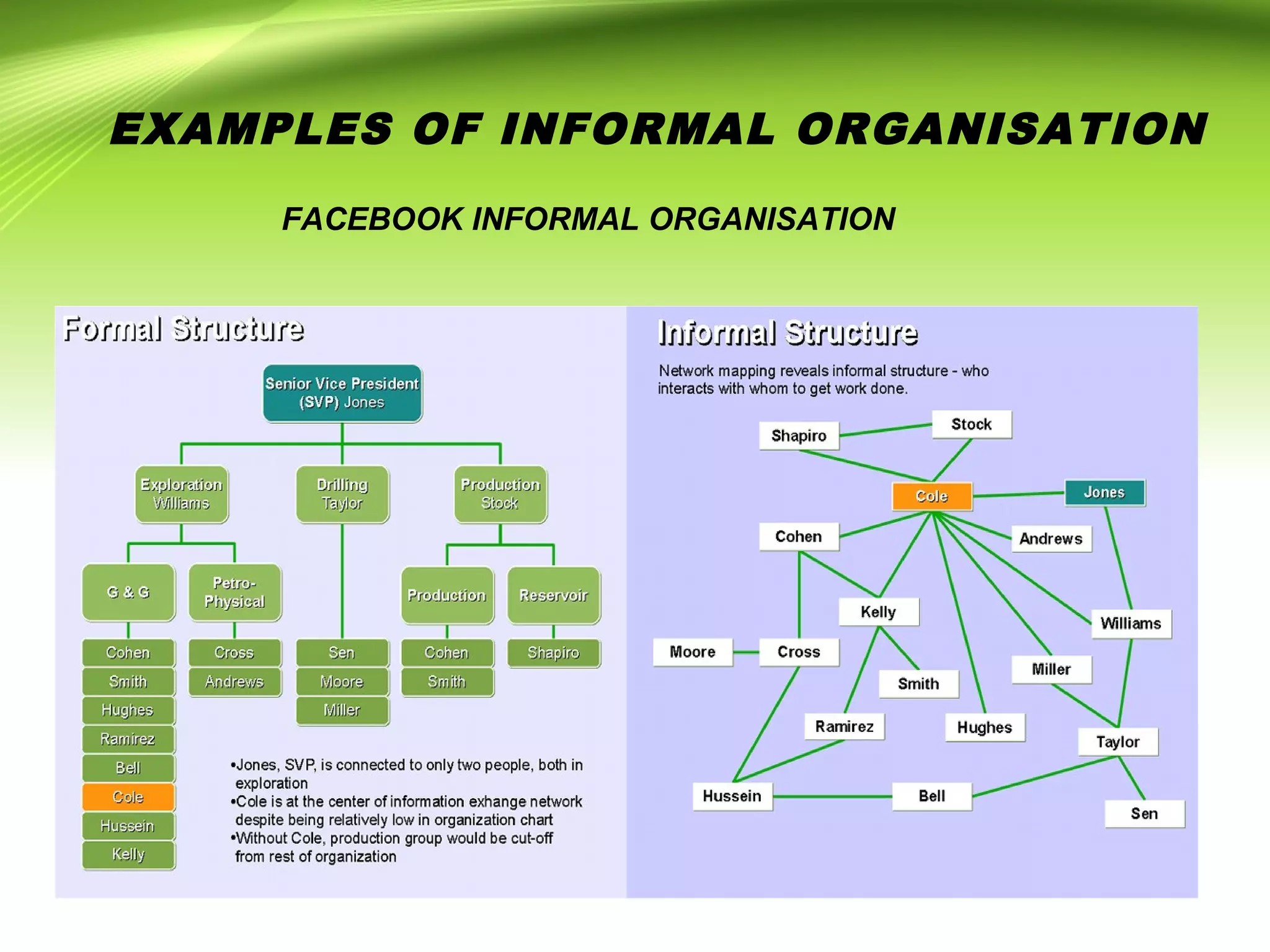 EXAMPLES OF INFORMAL ORGANISATION
FACEBOOK INFORMAL ORGANISATION
 