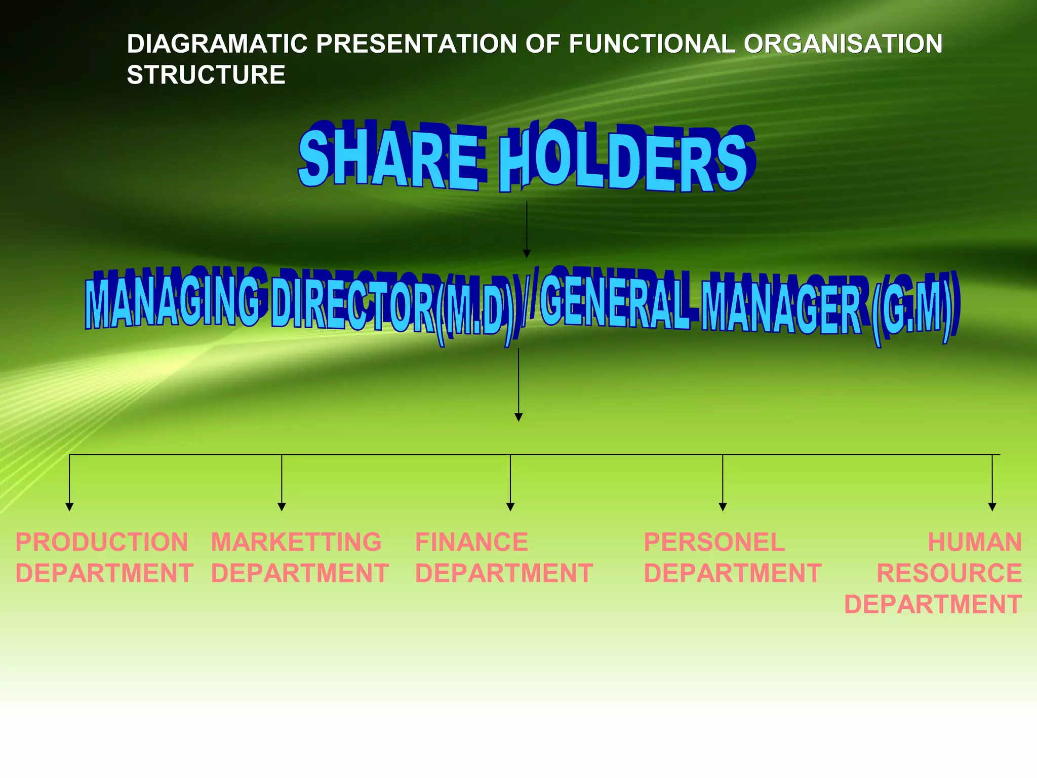 PRODUCTION
DEPARTMENT
MARKETTING
DEPARTMENT
FINANCE
DEPARTMENT
PERSONEL
DEPARTMENT
HUMAN
RESOURCE
DEPARTMENT
DIAGRAMATIC PRESENTATION OF FUNCTIONAL ORGANISATIONDIAGRAMATIC PRESENTATION OF FUNCTIONAL ORGANISATION
STRUCTURESTRUCTURE
 