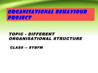 ORGANISATIONAL BEHAVIOUR
PROJECT
TOPIC - DIFFERENT
ORGANISATIONAL STRUCTURE
CLASS -- SYBFM
 