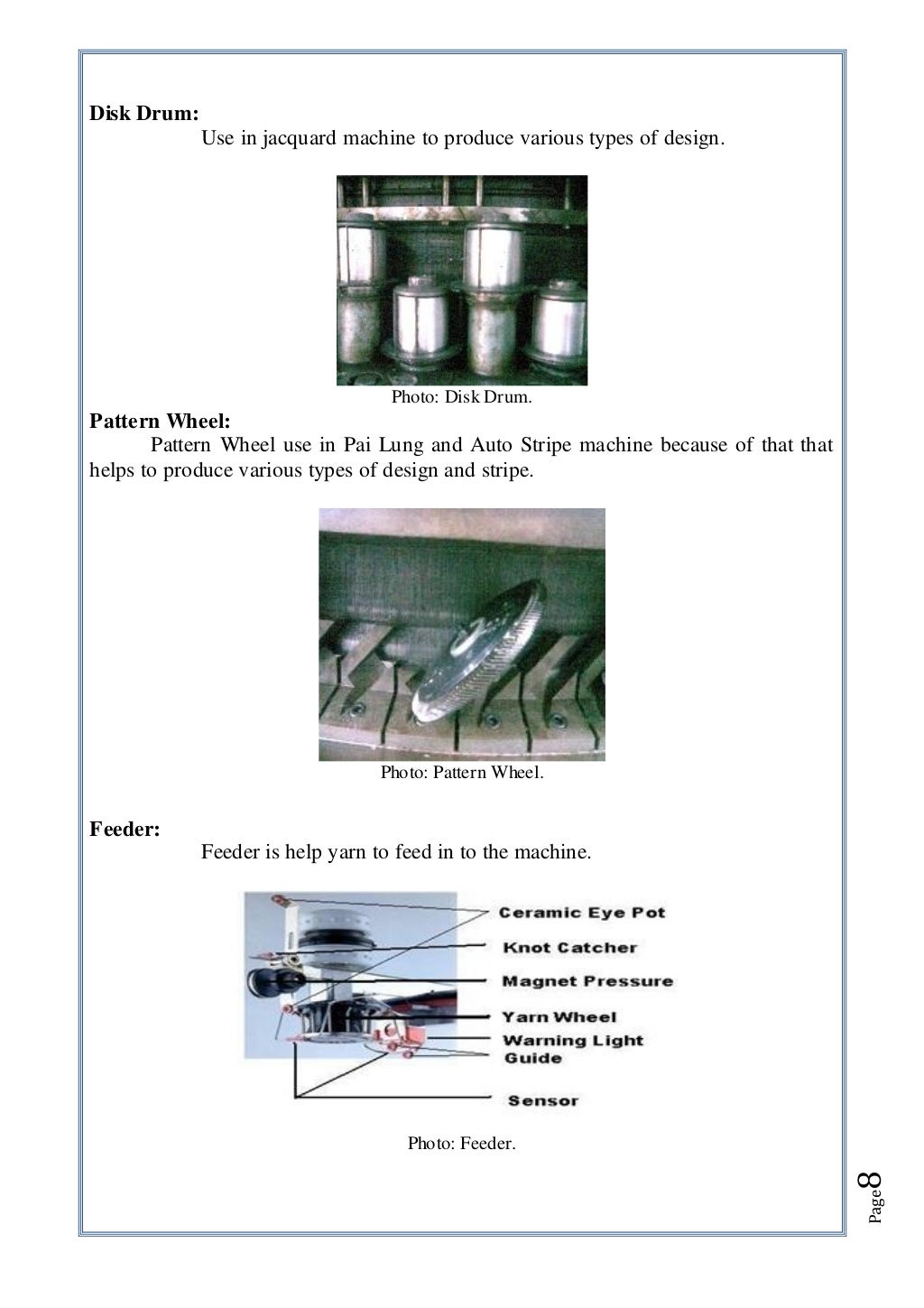 Different parts of knitting machine and parameter