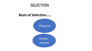 SELECTION
Basis of Selection…..
Physical
Perfor-
mance
 
