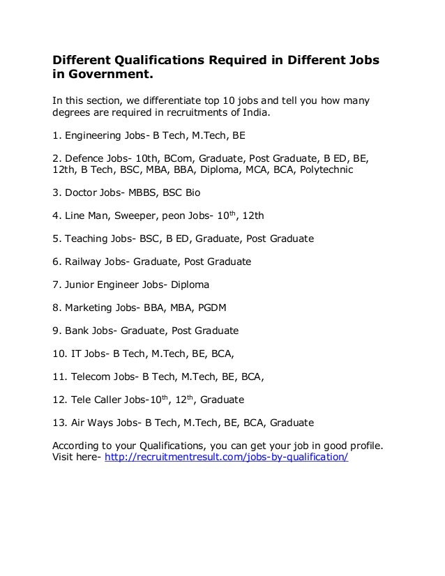 different qualifications required for different jobs in list of qualifications for jobs