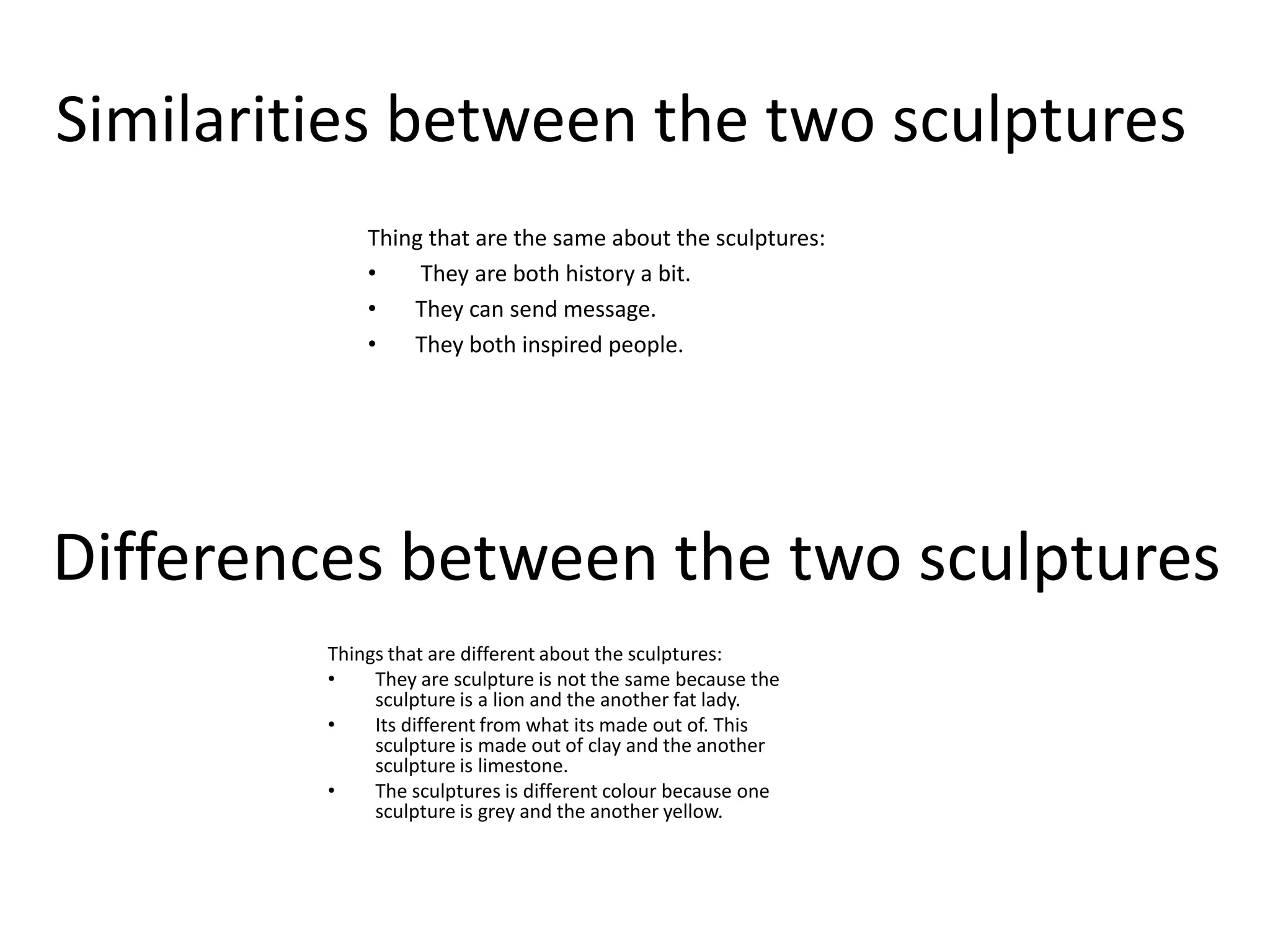 Similarities between the two sculptures Thing that are the same about the sculptures: They are both history a bit.They can send message.They both inspired people.Differences between the two sculpturesThings that are different about the sculptures:They are sculpture is not the samebecause the sculpture is a lion and the another fat lady. Its different from what its made out of. This sculpture is made out of clay and the another sculpture is limestone.The sculptures is different colour because one sculpture is grey and the another yellow.