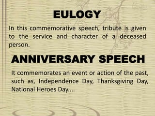 EULOGY
In this commemorative speech, tribute is given
to the service and character of a deceased
person.
ANNIVERSARY SPEECH
It commemorates an event or action of the past,
such as, Independence Day, Thanksgiving Day,
National Heroes Day....
 