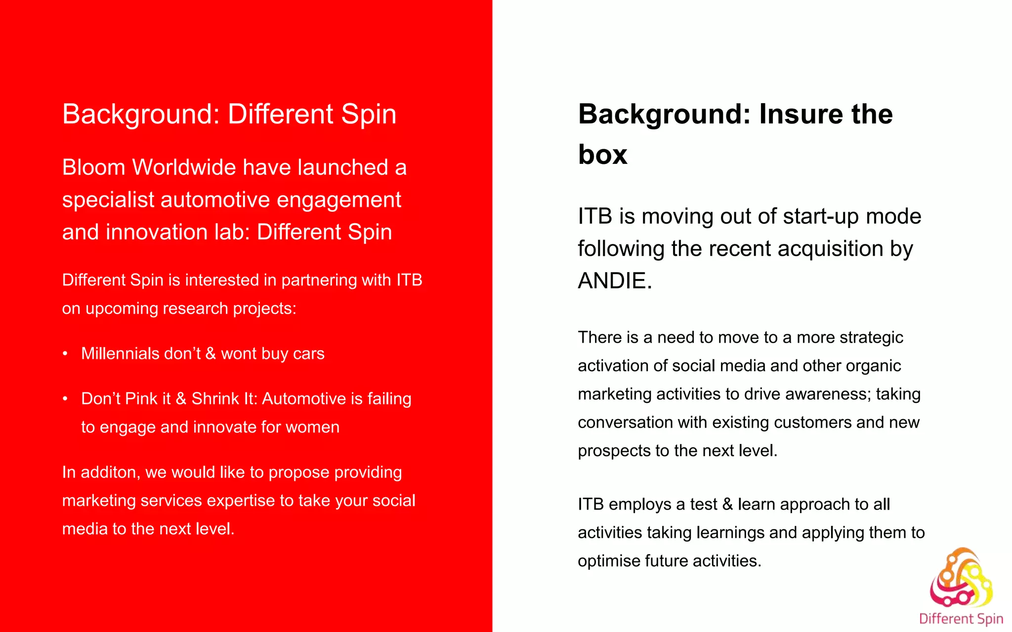 Background: Different Spin
Bloom Worldwide have launched a
specialist automotive engagement
and innovation lab: Different Spin
Different Spin is interested in partnering with ITB
on upcoming research projects:
• Millennials don’t & wont buy cars
• Don’t Pink it & Shrink It: Automotive is failing
to engage and innovate for women
In additon, we would like to propose providing
marketing services expertise to take your social
media to the next level.
Background: Insure the
box
ITB is moving out of start-up mode
following the recent acquisition by
ANDIE.
There is a need to move to a more strategic
activation of social media and other organic
marketing activities to drive awareness; taking
conversation with existing customers and new
prospects to the next level.
ITB employs a test & learn approach to all
activities taking learnings and applying them to
optimise future activities.
 