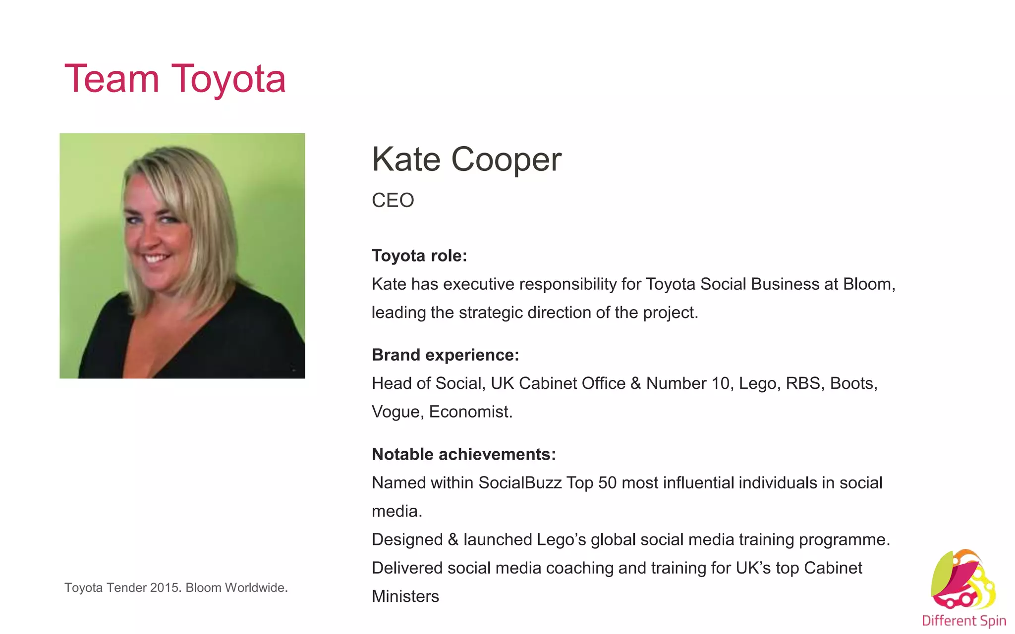 Team Toyota
Toyota Tender 2015. Bloom Worldwide.
Kate Cooper
CEO
Toyota role:
Kate has executive responsibility for Toyota Social Business at Bloom,
leading the strategic direction of the project.
Brand experience:
Head of Social, UK Cabinet Office & Number 10, Lego, RBS, Boots,
Vogue, Economist.
Notable achievements:
Named within SocialBuzz Top 50 most influential individuals in social
media.
Designed & launched Lego’s global social media training programme.
Delivered social media coaching and training for UK’s top Cabinet
Ministers
 