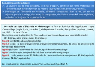 Composition de l’électrode :
 La soudure est de type autogène, le métal d’apport, constitué par l’âme métallique de
l’électrode peut être en fonction du métal à souder, de l’acier, du cuivre, de l’inox…
 L’enrobage de l’électrode est variable, différents composants dont le fer, qui est un
adjuvant pour le soudage, du cuivre, du manganèse, du silicium, du nickel, du molybdène,
de l’acier…et toujours de la poudre de fer.
Le choix du type d’électrode et d’enrobage se fera en fonction de l’application : type
d’assemblage (angle, à plat, sur tube…), de l’épaisseur à souder, des qualités requises : dureté,
ductilité…, du type d’acier.
On choisira aussi le diamètre de l’électrode en fonction de l’épaisseur du métal à souder.
On distingue cinq grands types d’enrobage :
Type O (oxydant) : à base d’oxyde de fer
Type A (acide) : à base d’oxyde de fer, d’oxyde de ferromanganèse, de silice, de silicate ou de
ferroalliage désoxydant
Type B (basique) : carbonate de calcium, spath fluor ou ferroalliage
Type C : cellulosique, composé de cellulose et de matières organique
Type R : rutile, comprenant 95 % d’oxyde de titane ou ilménite comprenant 50 % d’oxyde de
titane et 50 % d’oxyde de fer
Les enrobages les plus utilisés aujourd’hui sont ceux de type B et R.
 