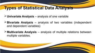 Types of Statistical Data Analysis
Univariate Analysis – analysis of one variable
Bivariate Analysis – analysis of two variables (independent
and dependent variables)
Multivariate Analysis – analysis of multiple relations between
multiple variables.
 