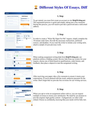 🏆Different Styles Of Essays. Diff
1. Step
To get started, you must first create an account on site HelpWriting.net.
The registration process is quick and simple, taking just a few moments.
During this process, you will need to provide a password and a valid email
address.
2. Step
In order to create a "Write My Paper For Me" request, simply complete the
10-minute order form. Provide the necessary instructions, preferred
sources, and deadline. If you want the writer to imitate your writing style,
attach a sample of your previous work.
3. Step
When seeking assignment writing help from HelpWriting.net, our
platform utilizes a bidding system. Review bids from our writers for your
request, choose one of them based on qualifications, order history, and
feedback, then place a deposit to start the assignment writing.
4. Step
After receiving your paper, take a few moments to ensure it meets your
expectations. If you're pleased with the result, authorize payment for the
writer. Don't forget that we provide free revisions for our writing services.
5. Step
When you opt to write an assignment online with us, you can request
multiple revisions to ensure your satisfaction. We stand by our promise to
provide original, high-quality content - if plagiarized, we offer a full
refund. Choose us confidently, knowing that your needs will be fully met.
🏆Different Styles Of Essays. Diff 🏆Different Styles Of Essays. Diff
 