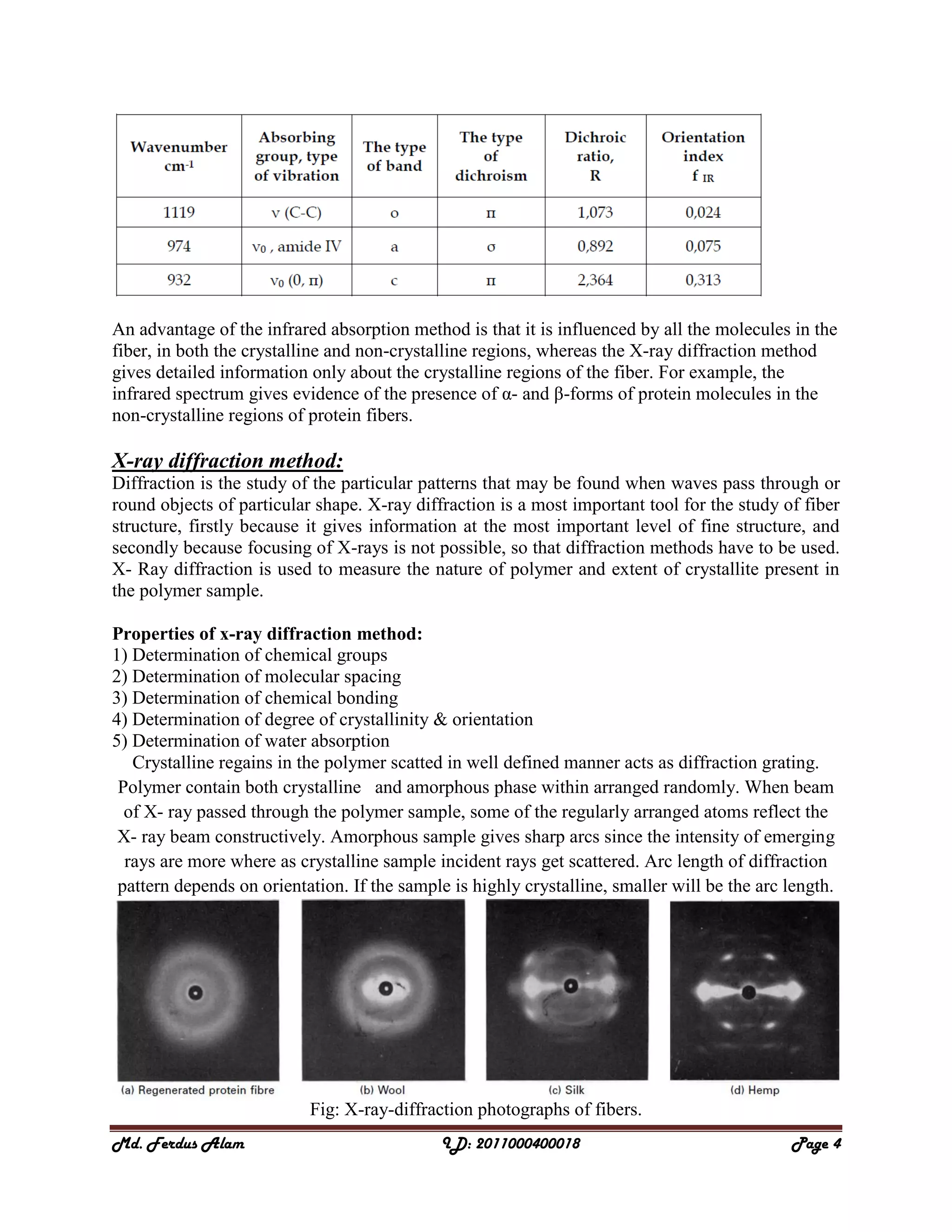Md. Ferdus Alam ID: 2011000400018 Page 4
An advantage of the infrared absorption method is that it is influenced by all the molecules in the
fiber, in both the crystalline and non-crystalline regions, whereas the X-ray diffraction method
gives detailed information only about the crystalline regions of the fiber. For example, the
infrared spectrum gives evidence of the presence of α- and β-forms of protein molecules in the
non-crystalline regions of protein fibers.
X-ray diffraction method:
Diffraction is the study of the particular patterns that may be found when waves pass through or
round objects of particular shape. X-ray diffraction is a most important tool for the study of fiber
structure, firstly because it gives information at the most important level of fine structure, and
secondly because focusing of X-rays is not possible, so that diffraction methods have to be used.
X- Ray diffraction is used to measure the nature of polymer and extent of crystallite present in
the polymer sample.
Properties of x-ray diffraction method:
1) Determination of chemical groups
2) Determination of molecular spacing
3) Determination of chemical bonding
4) Determination of degree of crystallinity & orientation
5) Determination of water absorption
Crystalline regains in the polymer scatted in well defined manner acts as diffraction grating.
Polymer contain both crystalline and amorphous phase within arranged randomly. When beam
of X- ray passed through the polymer sample, some of the regularly arranged atoms reflect the
X- ray beam constructively. Amorphous sample gives sharp arcs since the intensity of emerging
rays are more where as crystalline sample incident rays get scattered. Arc length of diffraction
pattern depends on orientation. If the sample is highly crystalline, smaller will be the arc length.
Fig: X-ray-diffraction photographs of fibers.
 