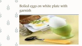 Boiled eggs on white plate with
garnish
 