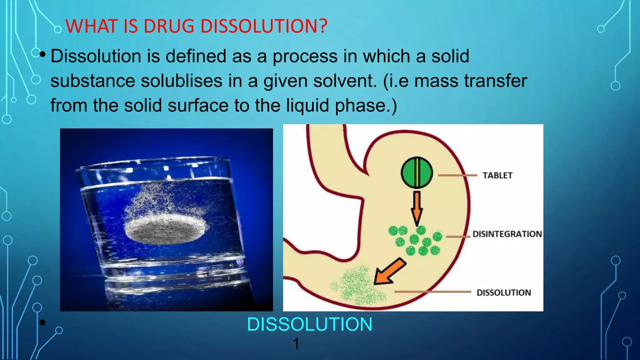 WHAT IS DRUG DISSOLUTION?
• Dissolution is defined as a process in which a solid
substance solublises in a given solvent. (i.e mass transfer
from the solid surface to the liquid phase.)
• DISSOLUTION
1
 