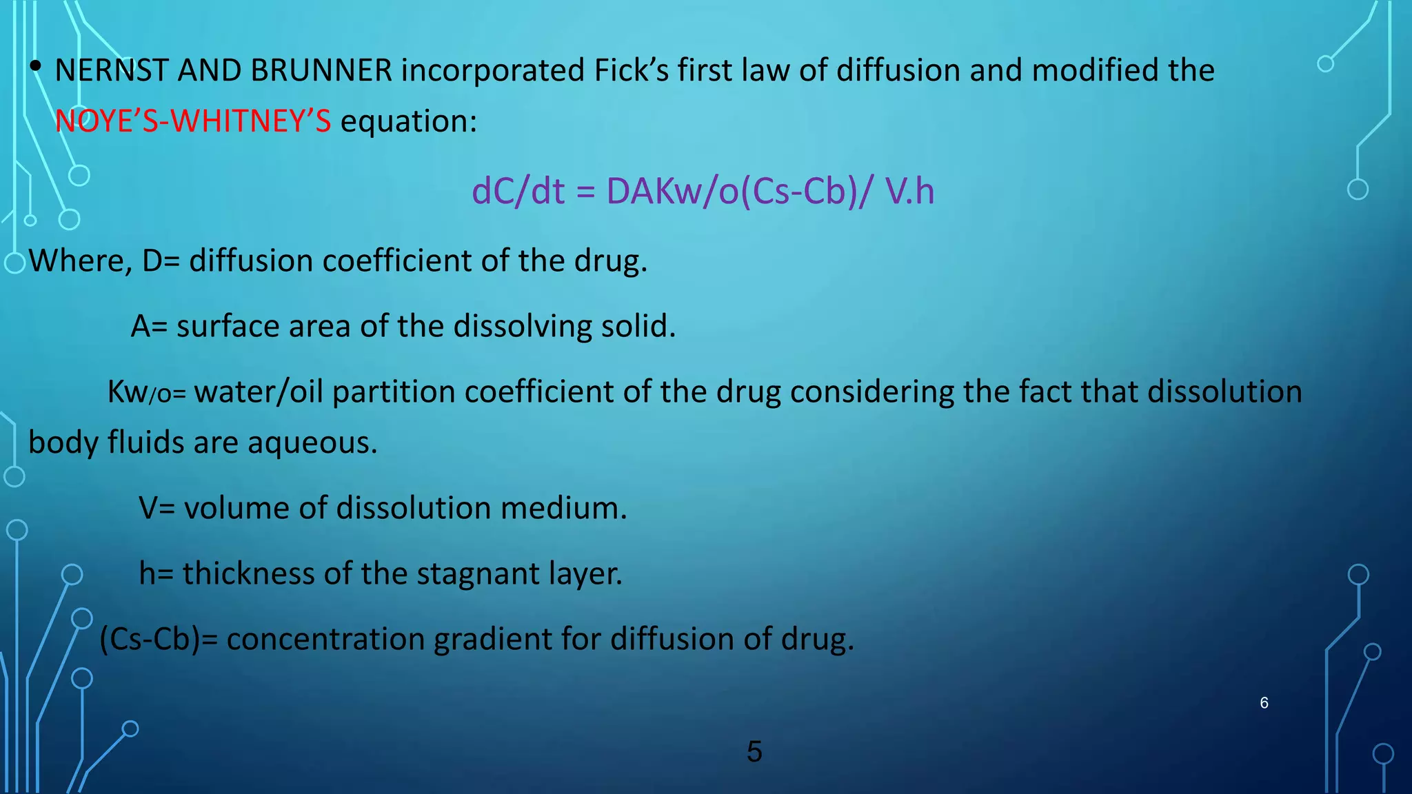• NERNST AND BRUNNER incorporated Fick’s first law of diffusion and modified the
NOYE’S-WHITNEY’S equation:
dC/dt = DAKw/o(Cs-Cb)/ V.h
Where, D= diffusion coefficient of the drug.
A= surface area of the dissolving solid.
Kw/o= water/oil partition coefficient of the drug considering the fact that dissolution
body fluids are aqueous.
V= volume of dissolution medium.
h= thickness of the stagnant layer.
(Cs-Cb)= concentration gradient for diffusion of drug.
5
6
 