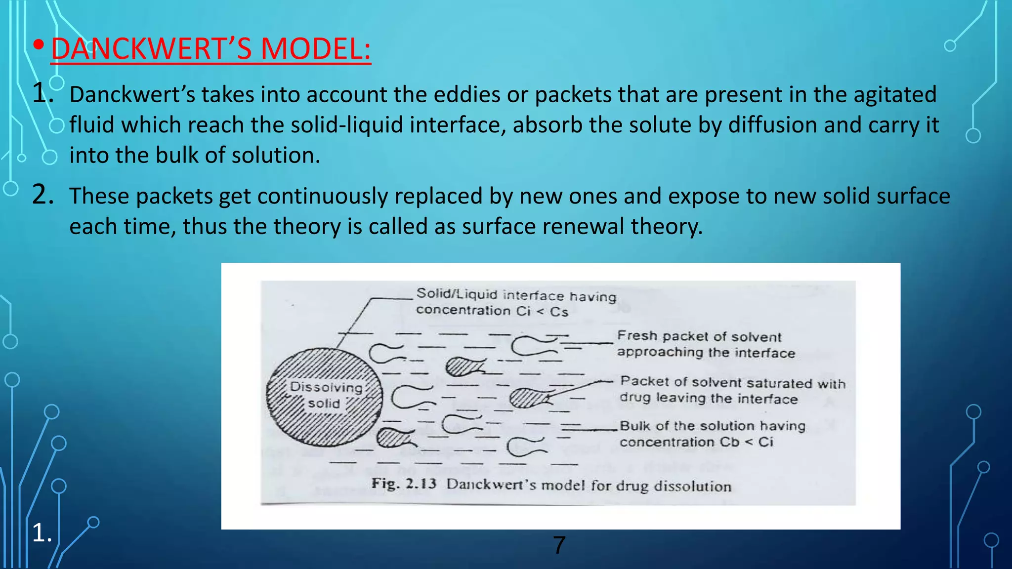 •DANCKWERT’S MODEL:
1. Danckwert’s takes into account the eddies or packets that are present in the agitated
fluid which reach the solid-liquid interface, absorb the solute by diffusion and carry it
into the bulk of solution.
2. These packets get continuously replaced by new ones and expose to new solid surface
each time, thus the theory is called as surface renewal theory.
1. 7
 