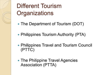 Different Tourism
Organizations


The Department of Tourism (DOT)



Philippines Tourism Authority (PTA)



Philippines Travel and Tourism Council
(PTTC)



The Philippine Travel Agencies
Association (PTTA)

 
