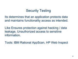 29
Security Testing
Its determines that an application protects data
and maintains functionality access as intended.
Like Ensures protection against hacking / data
leakage, Unauthorized access to sensitive
information.
Tools: IBM Rational AppScan, HP Web Inspect
 