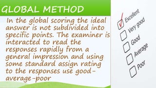GLOBAL METHOD
In the global scoring the ideal
answer is not subdivided into
specific points. The examiner is
interacted to read the
responses rapidly from a
general impression and using
some standard assign rating
to the responses use good-
average-poor
 