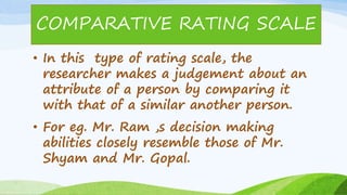 • In this type of rating scale, the
researcher makes a judgement about an
attribute of a person by comparing it
with that of a similar another person.
• For eg. Mr. Ram ,s decision making
abilities closely resemble those of Mr.
Shyam and Mr. Gopal.
COMPARATIVE RATING SCALE
 