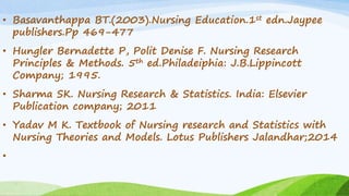 • Basavanthappa BT.(2003).Nursing Education.1st edn.Jaypee
publishers.Pp 469-477
• Hungler Bernadette P, Polit Denise F. Nursing Research
Principles & Methods. 5th ed.Philadeiphia: J.B.Lippincott
Company; 1995.
• Sharma SK. Nursing Research & Statistics. India: Elsevier
Publication company; 2011
• Yadav M K. Textbook of Nursing research and Statistics with
Nursing Theories and Models. Lotus Publishers Jalandhar;2014
•
 