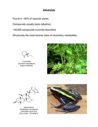 Alkaloids
Found in ~20% of vascular plants.
Compounds usually basic (alkaline).
~40,000 compounds currently described.
Structurally the most diverse class of secondary metabolites.
N
H
H
(+)-coniine
(Conium maculatum)
poison hemlock
HO
H
HO
O
H
O
O
NH
N
batrachotoxin
(Phyllobates aurotaenia)
Columbian arrow frog
LD50 (mice) = 2mcg/kg sc
 