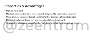 Properties & Advantages
• Flaming retardant
• Moisture resistant but Once water logged, they tend to swell and break down
• These are non-corrugated cardboard sheets that are made of recycled paper.
• Normal density boards are soft and high density boards are hard.
• All grades of chipboard except for the high density variety tend to soak up water
 