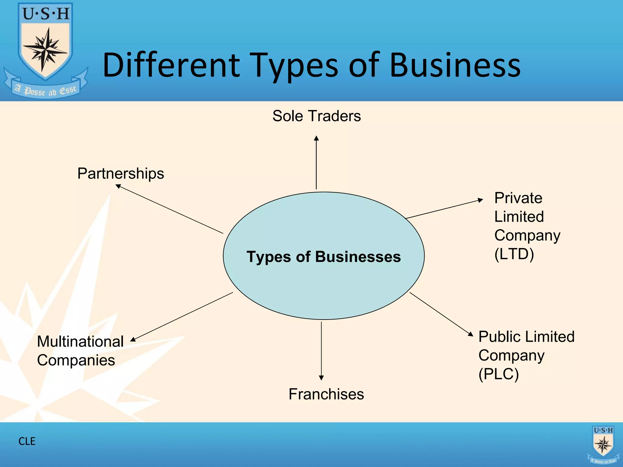 Different Types of Business Types of Businesses Sole Traders Partnerships Private Limited Company (LTD) Public Limited Company (PLC) Franchises Multinational Companies