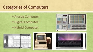 Categories of Computers
▪ Analog Computer
▪ Digital Computer
▪ Hybrid Computer
 