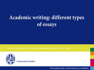 Academic writing: different types
           of essays



Notes on English for Bachelor and Master Students: Writing
 