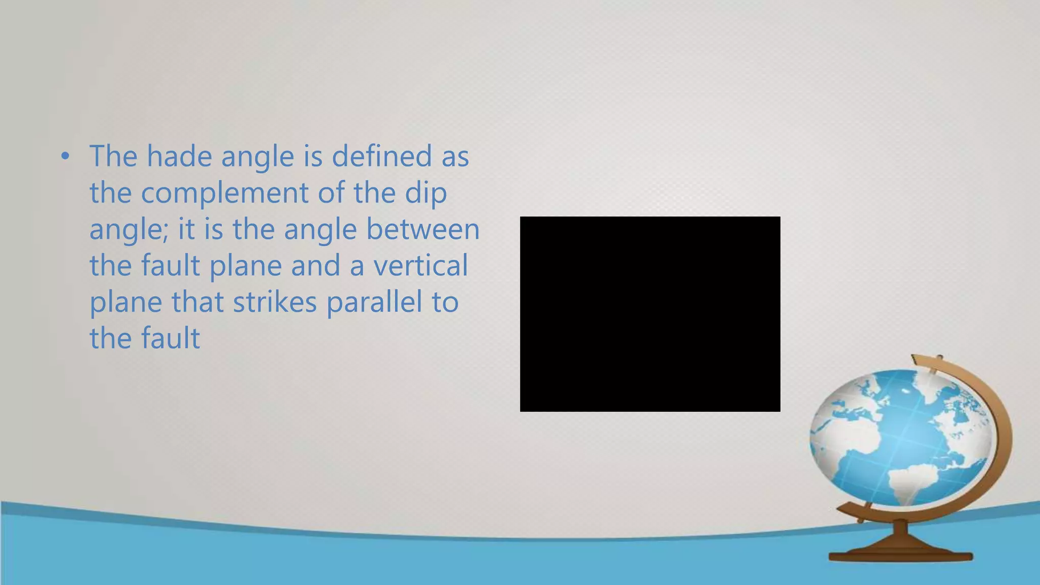 • The hade angle is defined as
the complement of the dip
angle; it is the angle between
the fault plane and a vertical
plane that strikes parallel to
the fault
 
