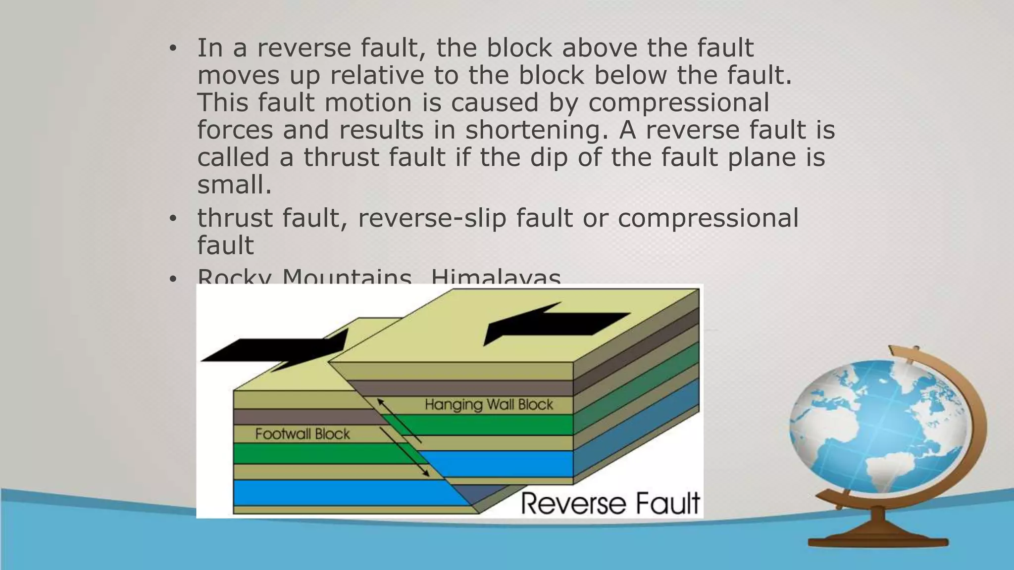 • In a reverse fault, the block above the fault
moves up relative to the block below the fault.
This fault motion is caused by compressional
forces and results in shortening. A reverse fault is
called a thrust fault if the dip of the fault plane is
small.
• thrust fault, reverse-slip fault or compressional
fault
• Rocky Mountains, Himalayas
 