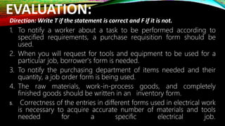 EVALUATION:
Direction: Write T if the statement is correct and F if it is not.
1. To notify a worker about a task to be performed according to
specified requirements, a purchase requisition form should be
used.
2. When you will request for tools and equipment to be used for a
particular job, borrower's form is needed.
3. To notify the purchasing department of items needed and their
quantity, a job order form is being used.
4. The raw materials, work-in-process goods, and completely
finished goods should be written in an inventory form.
5. Correctness of the entries in different forms used in electrical work
is necessary to acquire accurate number of materials and tools
needed for a specific electrical job.
 