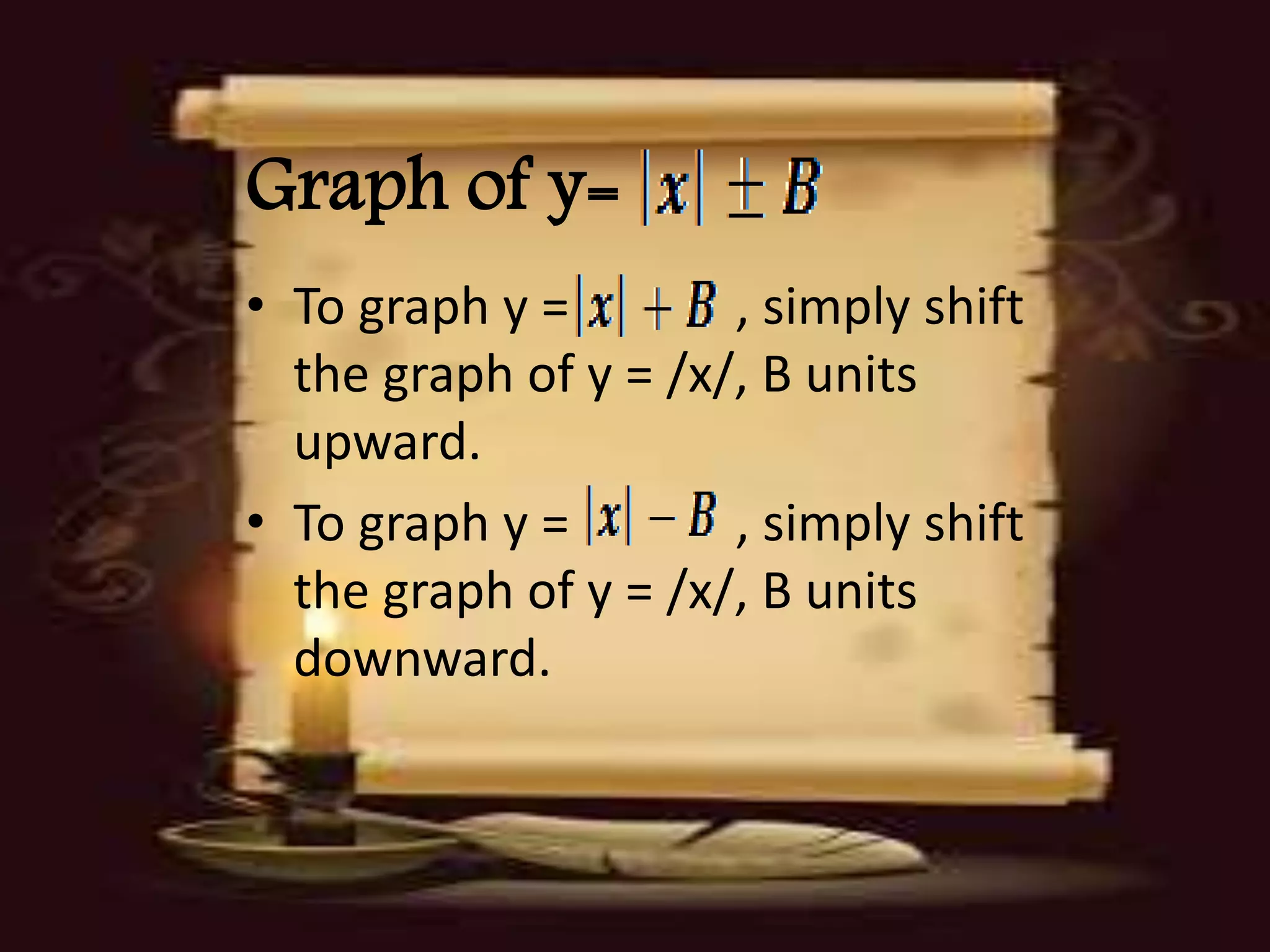 Graph of y= 
• To graph y = , simply shift 
the graph of y = /x/, B units 
upward. 
• To graph y = , simply shift 
the graph of y = /x/, B units 
downward. 
 