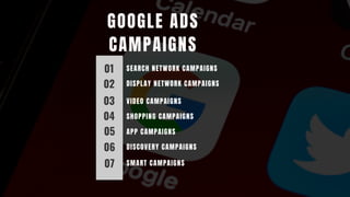 GOOGLE ADS
CAMPAIGNS
01
02
03
04
05
06
07
SEARCH NETWORK CAMPAIGNS
DISPLAY NETWORK CAMPAIGNS
VIDEO CAMPAIGNS
SHOPPING CAMPAIGNS
APP CAMPAIGNS
DISCOVERY CAMPAIGNS
SMART CAMPAIGNS
 
