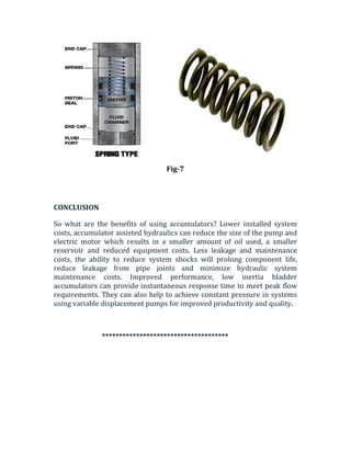Fig-7
CONCLUSION
So what are the benefits of using accumulators? Lower installed system
costs, accumulator assisted hydraulics can reduce the size of the pump and
electric motor which results in a smaller amount of oil used, a smaller
reservoir and reduced equipment costs. Less leakage and maintenance
costs, the ability to reduce system shocks will prolong component life,
reduce leakage from pipe joints and minimize hydraulic system
maintenance costs. Improved performance, low inertia bladder
accumulators can provide instantaneous response time to meet peak flow
requirements. They can also help to achieve constant pressure in systems
using variable displacement pumps for improved productivity and quality.
*************************************
 