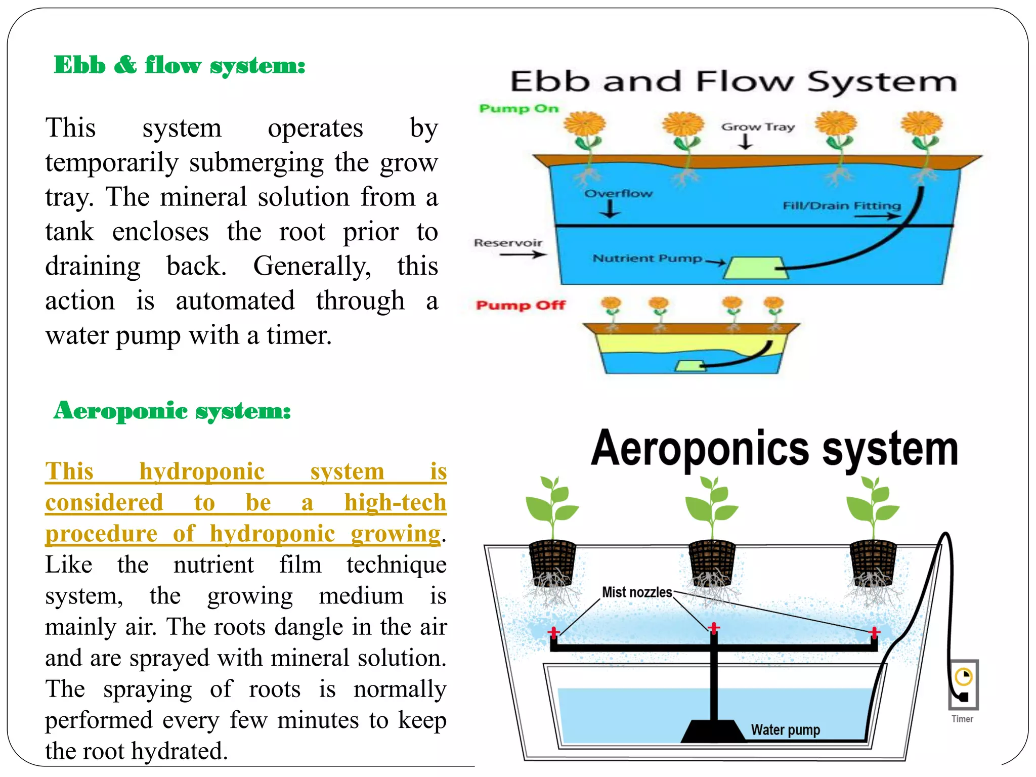 Ebb & flow system:
This system operates by
temporarily submerging the grow
tray. The mineral solution from a
tank encloses the root prior to
draining back. Generally, this
action is automated through a
water pump with a timer.
Aeroponic system:
This hydroponic system is
considered to be a high-tech
procedure of hydroponic growing.
Like the nutrient film technique
system, the growing medium is
mainly air. The roots dangle in the air
and are sprayed with mineral solution.
The spraying of roots is normally
performed every few minutes to keep
the root hydrated.
 