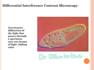 Accentuates
diffraction of
the light that
passes through
a specimen;
uses two beams
of light. Adding
color
Differential Interference Contrast Microscopy
 