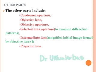 OTHER PARTS
 The other parts include:
-Condenser aperture,
-Objective lens,
-Objective aperture,
-Selected area aperture(to examine diffraction
patterns),
-Intermediate lens(magnifies initial image formed
by objective lens) &
-Projector lens.
 