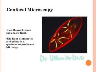 •Uses fluorochromes
and a laser light.
•The laser illuminates
each plane in a
specimen to produce a
3-D image.
Confocal Microscopy
 