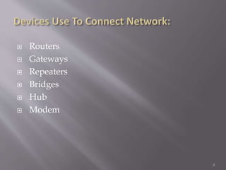  Routers 
 Gateways 
 Repeaters 
 Bridges 
 Hub 
 Modem 
4 
 